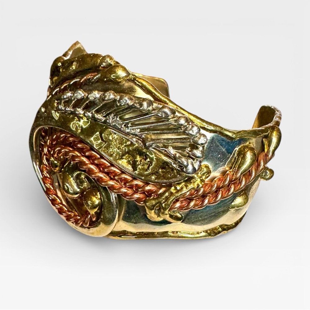 VINTAGE ARTISAN 1970s Brutalist Mixed Metal Bangle Cuff Bracelet, Adjustable - Picture 4 of 13